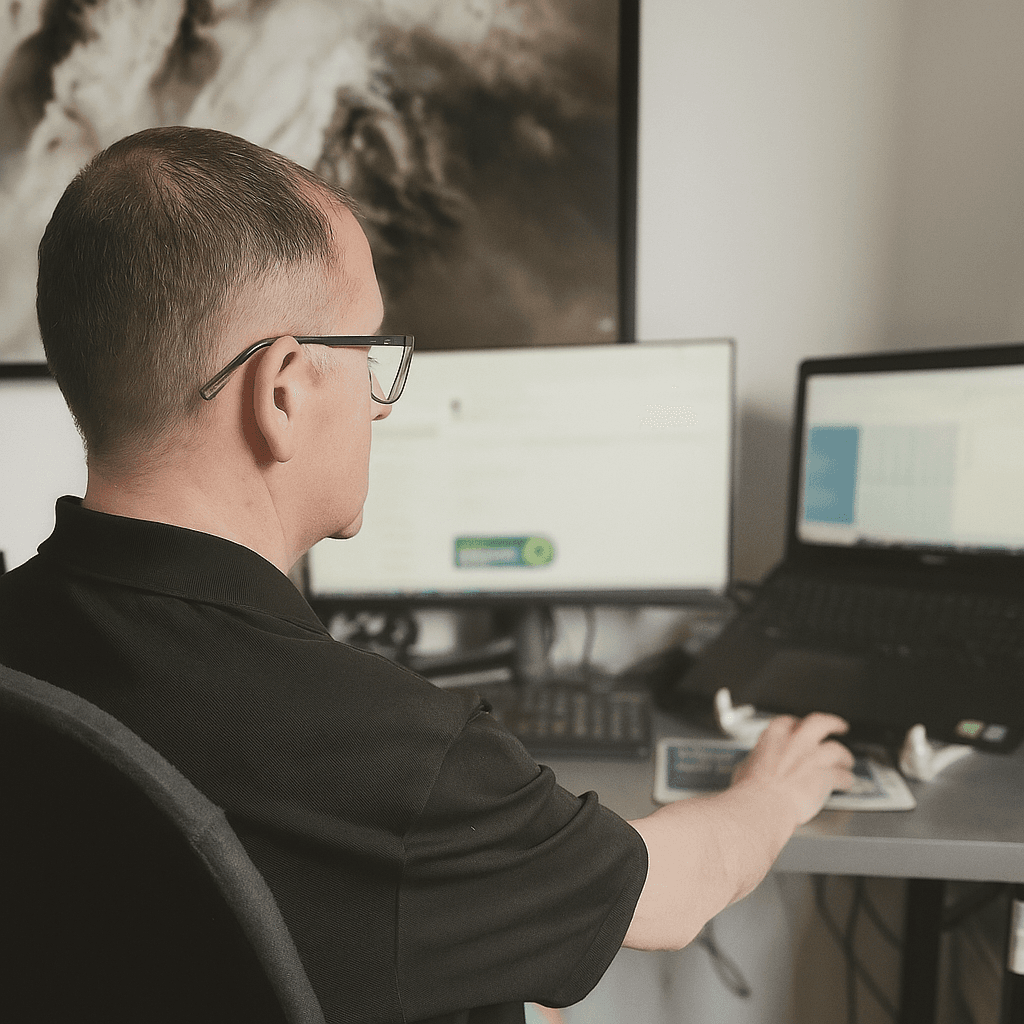 man working on a laptop over-shoulder view